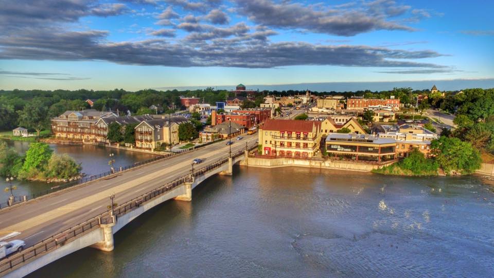 Aerial view of Fox River and State Street Geneva