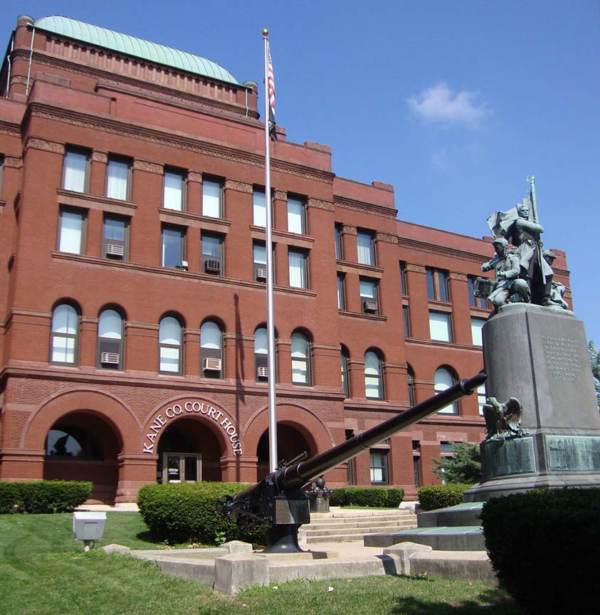 Kane County Courthouse with statue and cannon